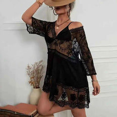 Sexy Mesh Bikini Cover-Up – Deep V-Neck Lace Beach Dress - Muselune