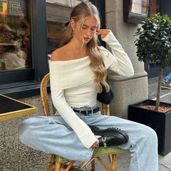 WhereMery Off-Shoulder Ribbed Crop Top - Muselune