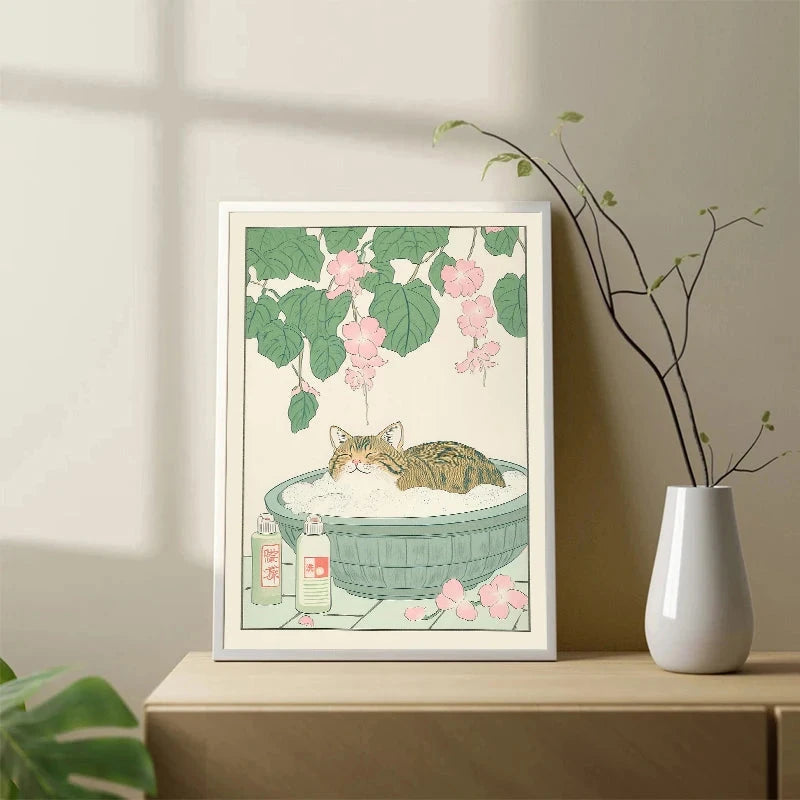 Japanese Tabby Cat Poster – Retro Art for Japandi Decor - Muselune