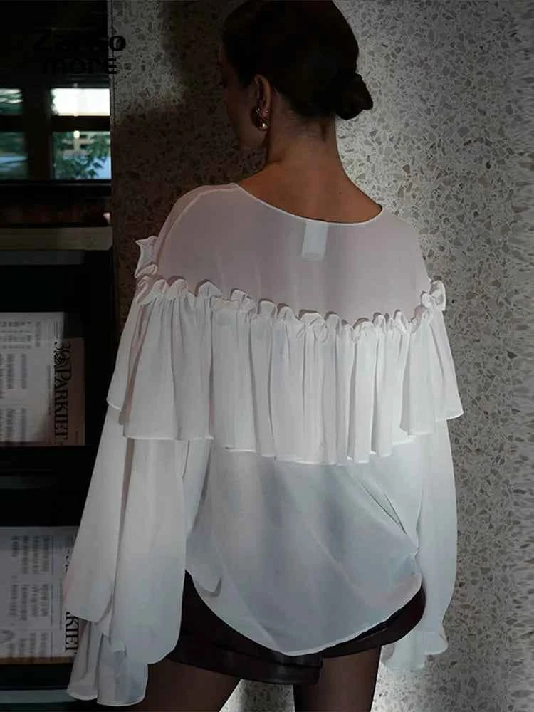 French White Chiffon V-Neck Ruffle Blouse