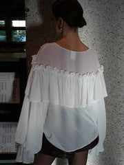 French White Chiffon V-Neck Ruffle Blouse
