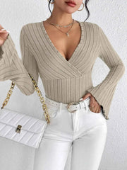 Knit Long-sleeved Tops, V-neck Sexy Slim Striped Women's Tops - Muselune