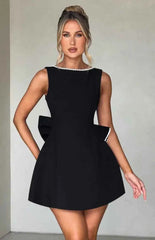 Elegant Pearl Bow Backless Mini short Dress - Muselune