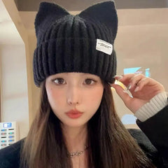 Cute Cat Ear Beanie Knitted Hap Muselune