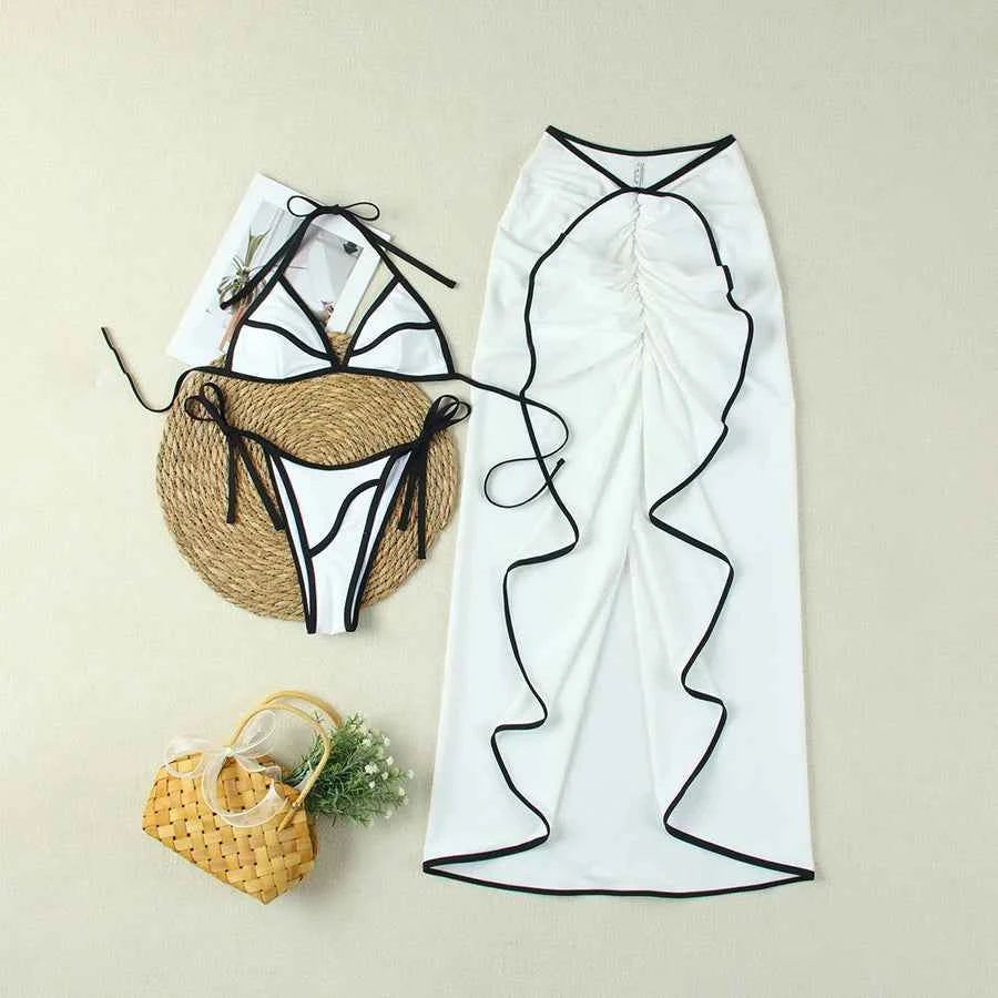 Para Praia Bikini Set with Long Skirt Cover-Up - 3-Piece Ensemble