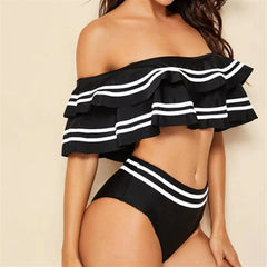 Black Striped Bikini Set – Sexy Off-Shoulder - Muselune
