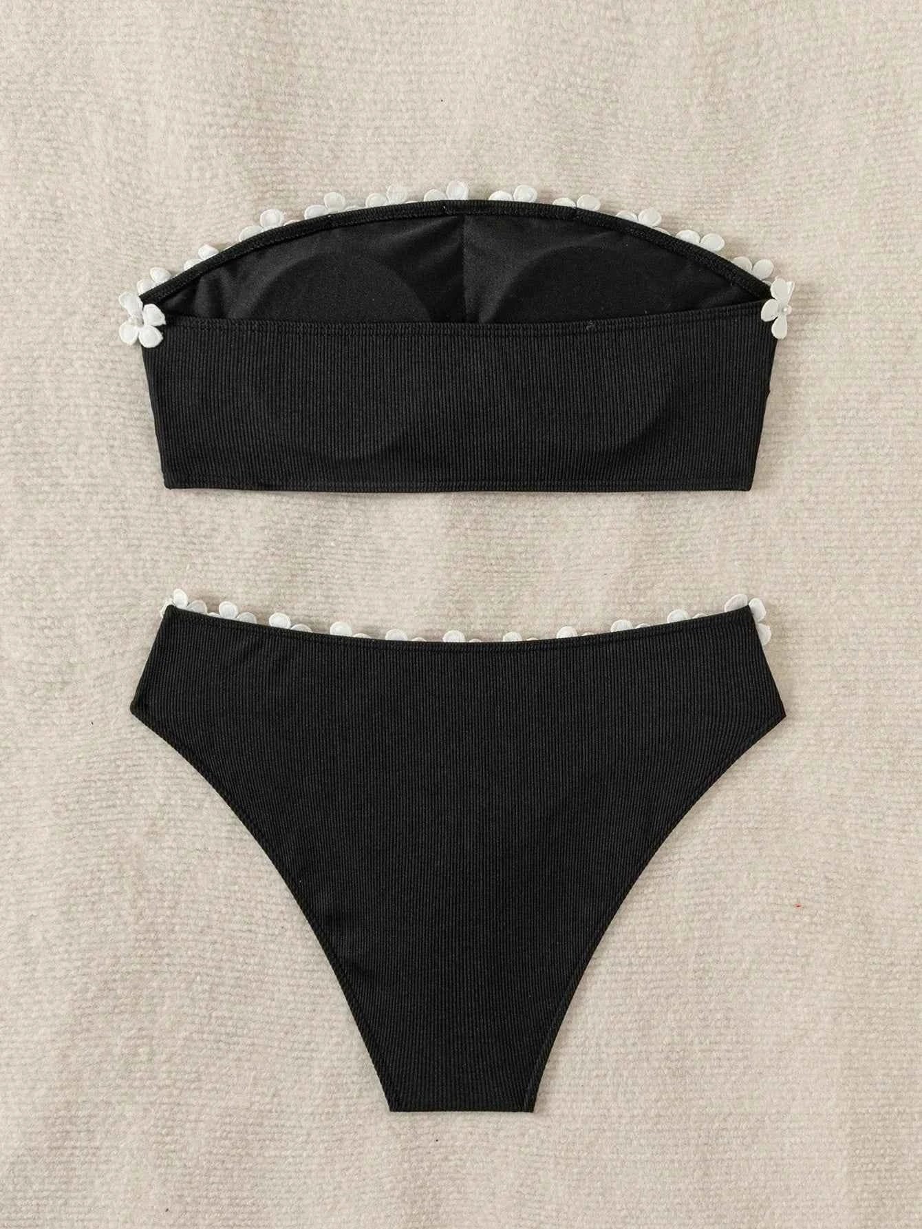 White Flower Bandeau Push Up Bikini Swimwear - Muselune