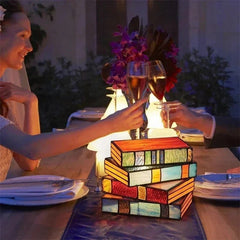 Stained Glass Stacked Books Lamp – Handcrafted Night Lighting / Decor - Muselune