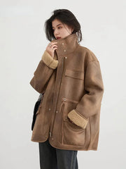 CHIC VEN Women's Jackets Casual Loose Stand Up Collar Coats Reversible Streetwear Female Warm Clothing Autumn Winter New 2024 Muselune