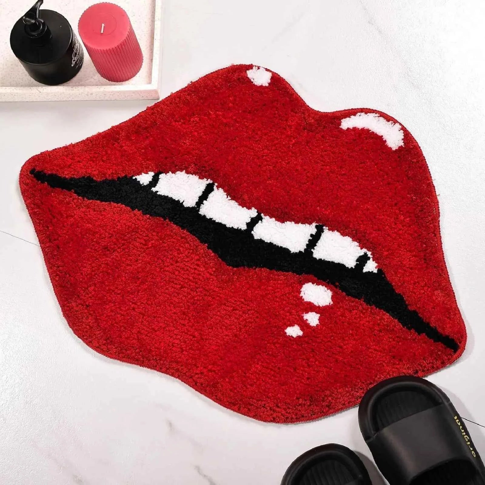 Red Lips Plush Rug – Soft, Non-Slip Floor Mat for Bedroom & Living Room - Muselune