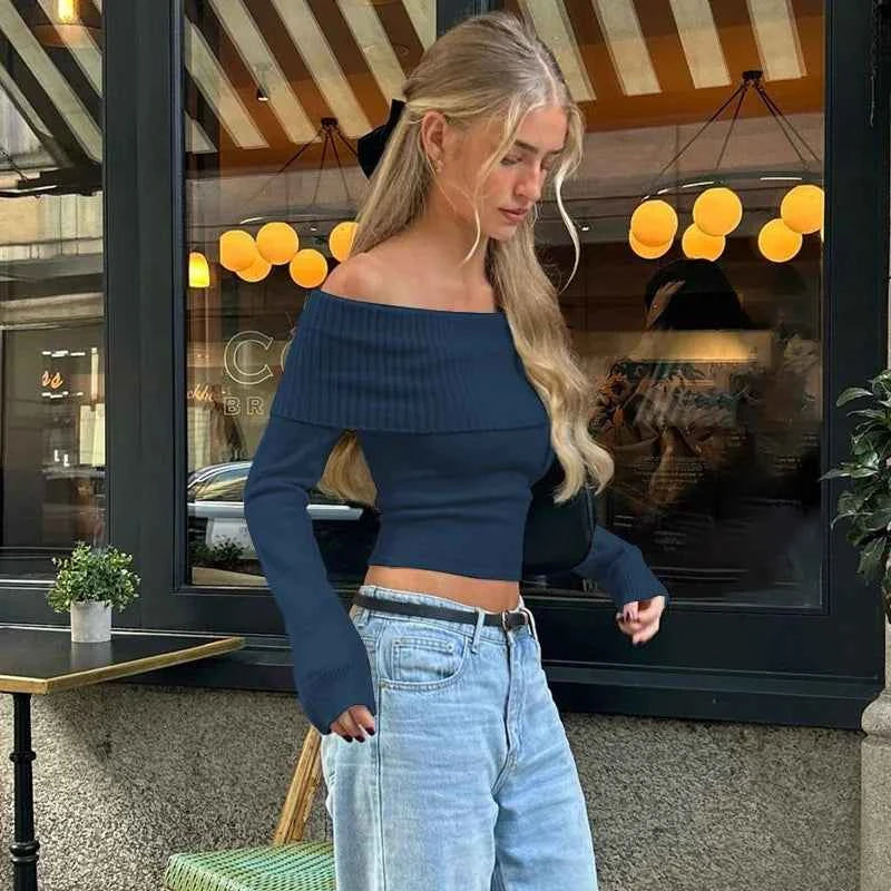 WhereMery Off-Shoulder Ribbed Crop Top - Muselune
