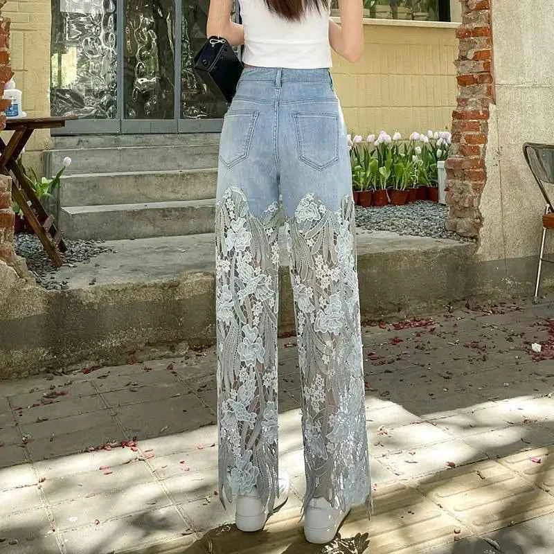 Lace Floral Hollow-Out Jeans – High Waist Slim Fit Streetwear - Muselune