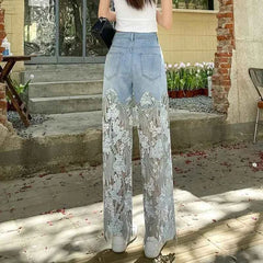 Lace Floral Hollow-Out Jeans – High Waist Slim Fit Streetwear - Muselune