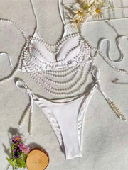 Pearl Chain Halter Bikini – 3-Piece High-Cut Swimsuit Set - Muselune
