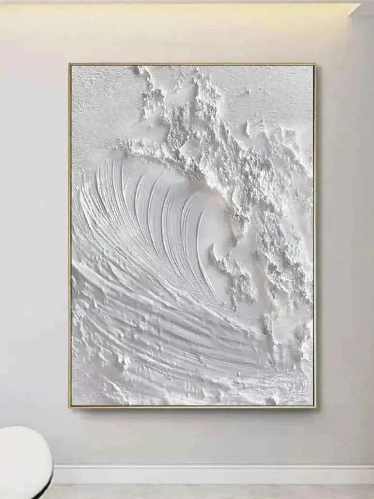 White Minimalist Ocean Wave Canvas – Textured Wabi-Sabi Wall Art - Muselune