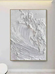 White Minimalist Ocean Wave Canvas – Textured Wabi-Sabi Wall Art - Muselune