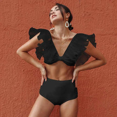 Ruffled Bikini Set – High Waist V-Neck Flounce Swimwear - Muselune
