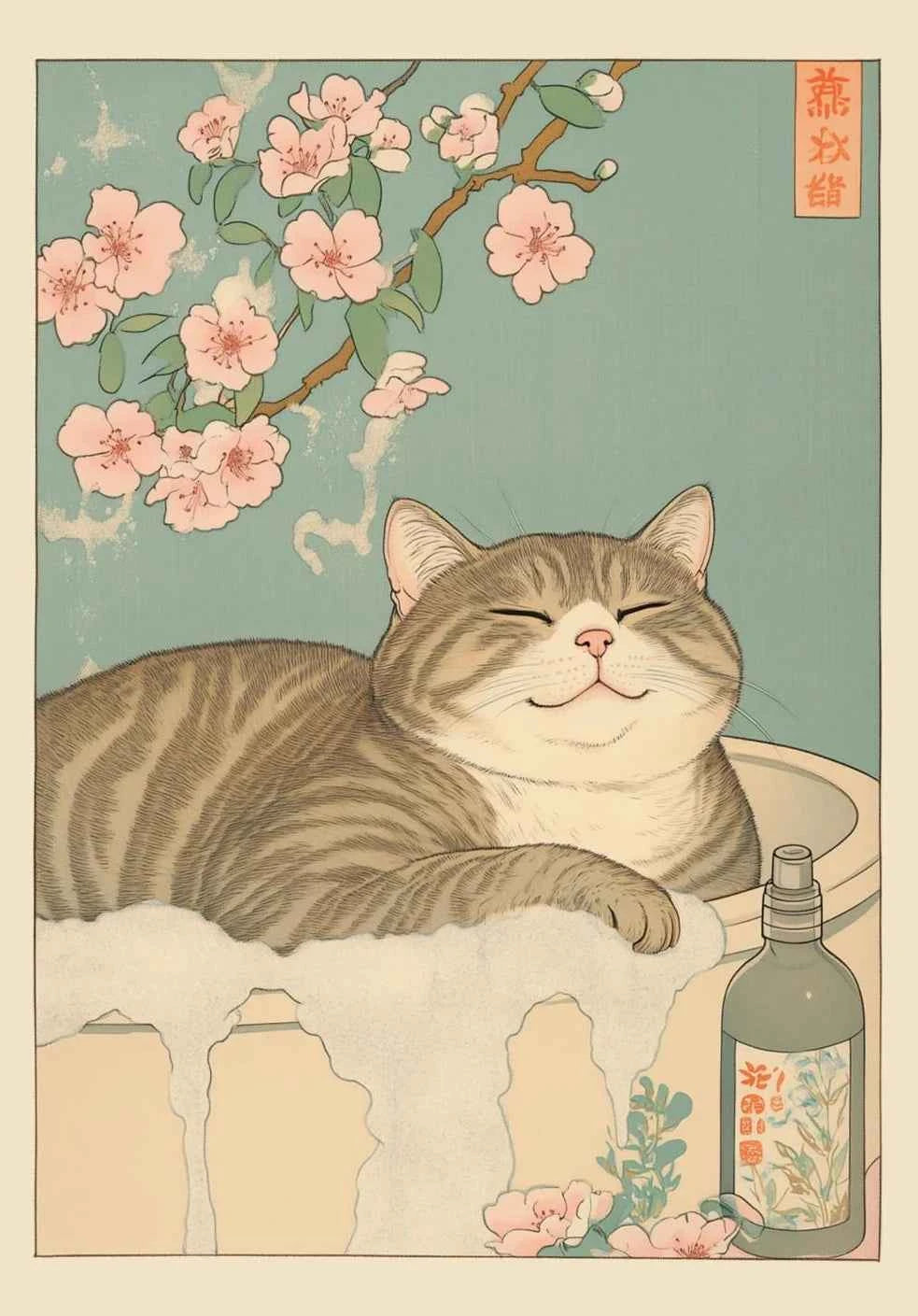 Japanese Tabby Cat Poster – Retro Art for Japandi Decor - Muselune