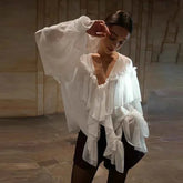 French White Chiffon V-Neck Ruffle Blouse