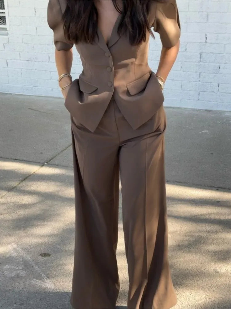 Solid Color Minimalism V-Neck Suit Coat Top & Straight Leg Pants Suits - Muselune