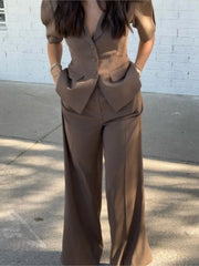 Solid Color Minimalism V-Neck Suit Coat Top & Straight Leg Pants Suits - Muselune