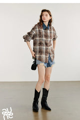 Autumn Plaid Long Sleeve Turn Down Shirt Muselune