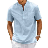 Men's Cotton Linen Henley Shirt with Pocket