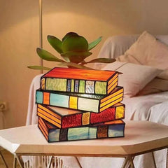 Stained Glass Stacked Books Lamp – Handcrafted Night Lighting / Decor - Muselune