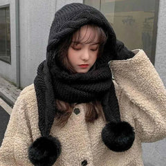 Cute Hooded Hat Ear Protection Thickened Knitted Hat /Scarf