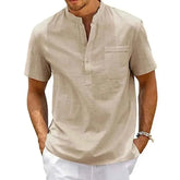 Men's Cotton Linen Henley Shirt with Pocket