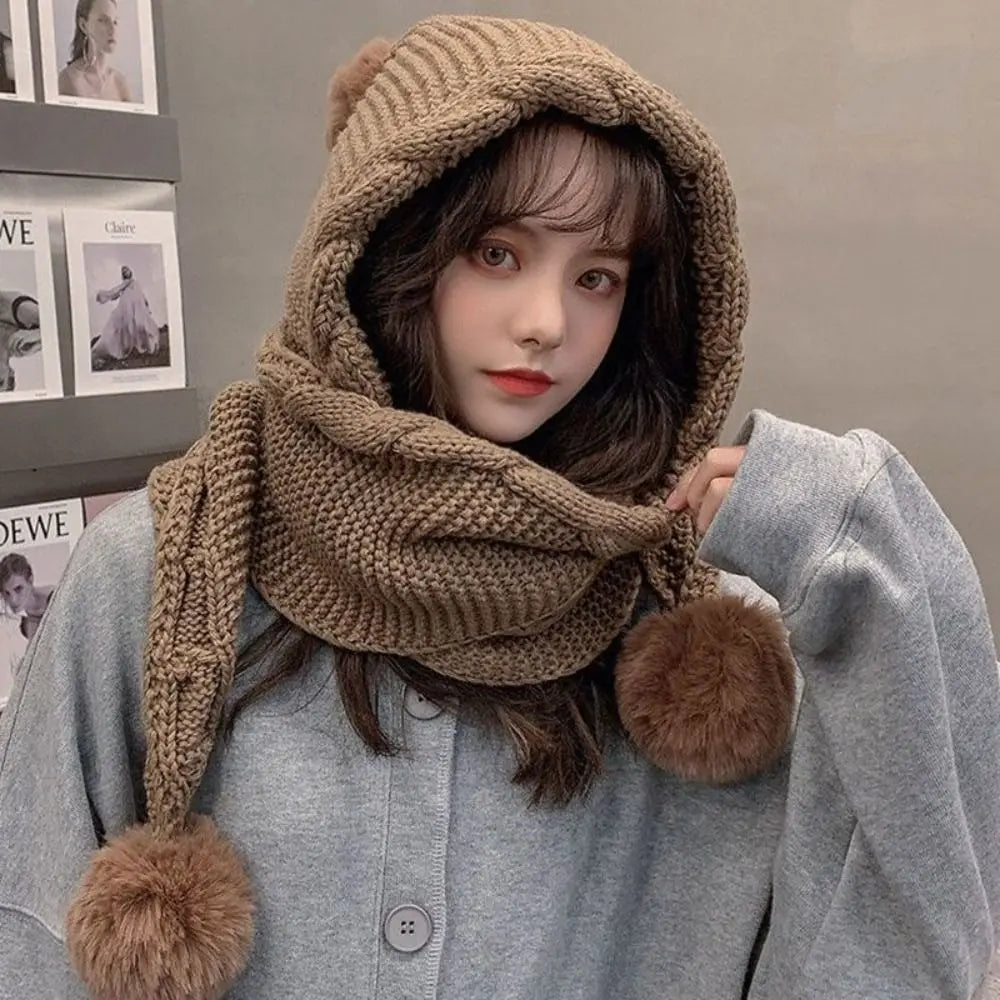 Cute Hooded Hat Ear Protection Thickened Knitted Hat /Scarf Muselune