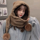 Cute Hooded Hat Ear Protection Thickened Knitted Hat /Scarf Muselune