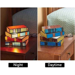 Stained Glass Stacked Books Lamp – Handcrafted Night Lighting / Decor - Muselune