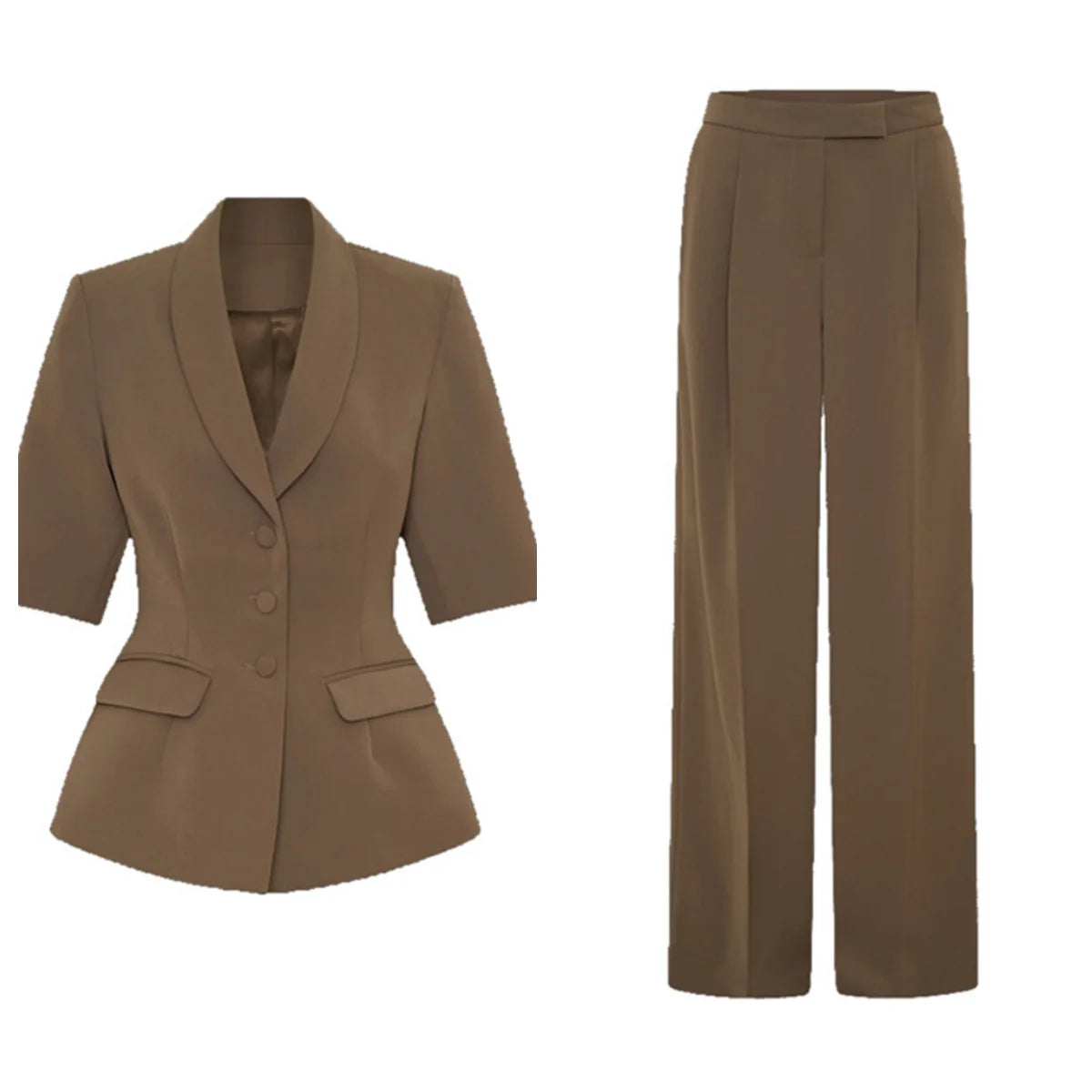 Solid Color Minimalism V-Neck Suit Coat Top & Straight Leg Pants Suits - Muselune
