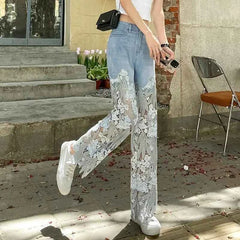 Lace Floral Hollow-Out Jeans – High Waist Slim Fit Streetwear - Muselune