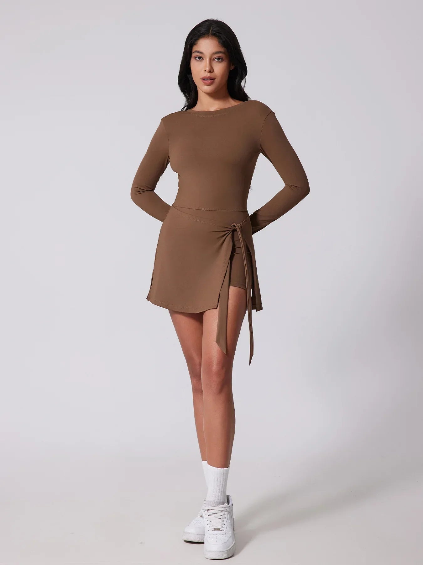 Sports Long Sleeve Backless Yoga Tennis Jumpsuit Dress Muselune