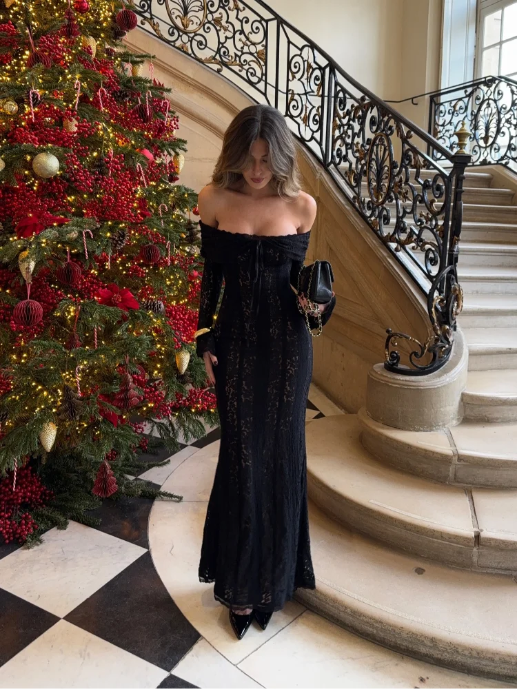 Suninheart Off-Shoulder Lace Maxi Dress – Elegant Flare Sleeve Bodycon - Muselune