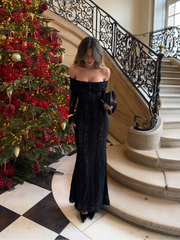 Suninheart Off-Shoulder Lace Maxi Dress – Elegant Flare Sleeve Bodycon - Muselune