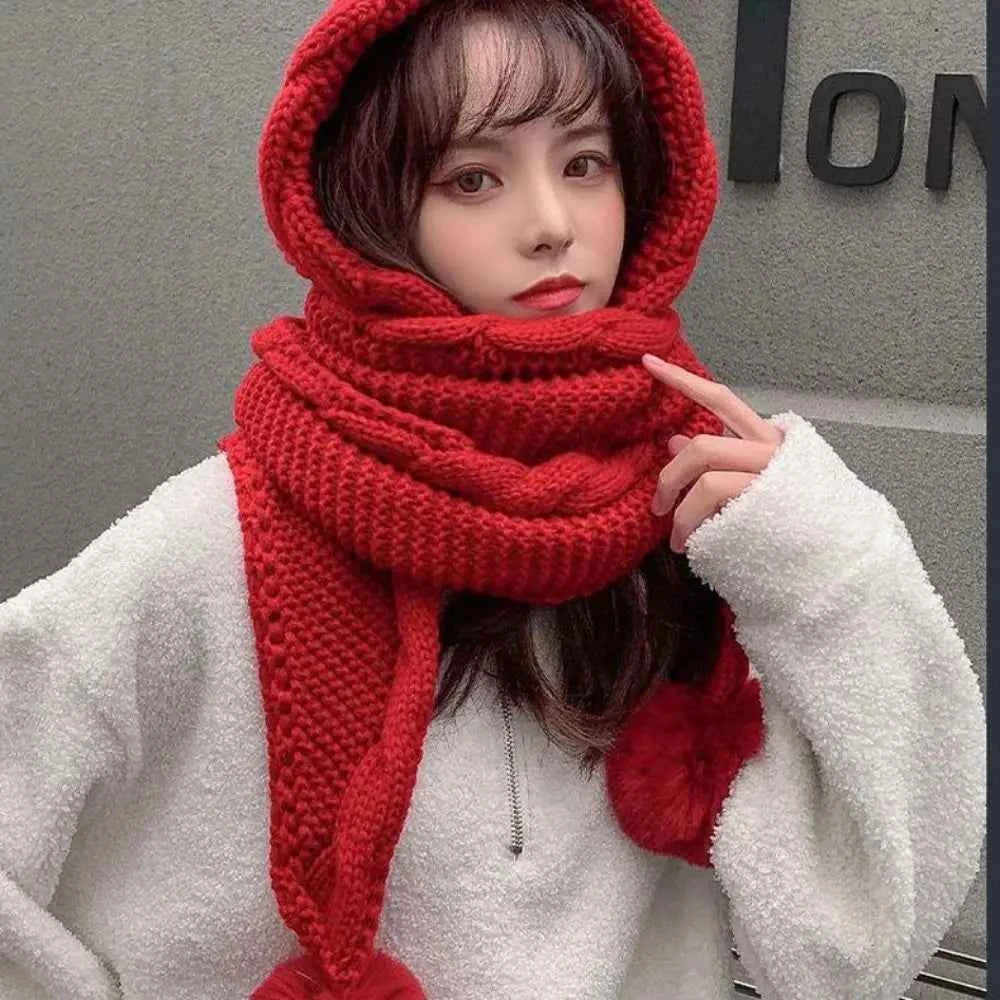 Cute Hooded Hat Ear Protection Thickened Knitted Hat /Scarf