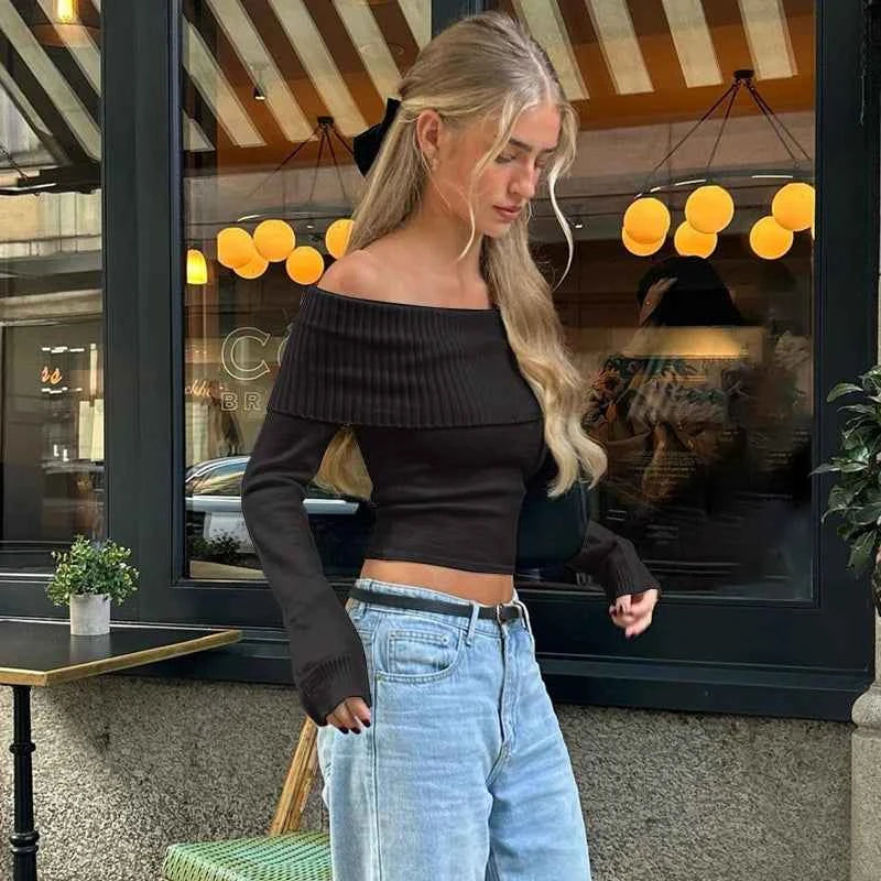WhereMery Off-Shoulder Ribbed Crop Top - Muselune