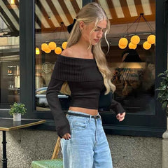 WhereMery Off-Shoulder Ribbed Crop Top - Muselune