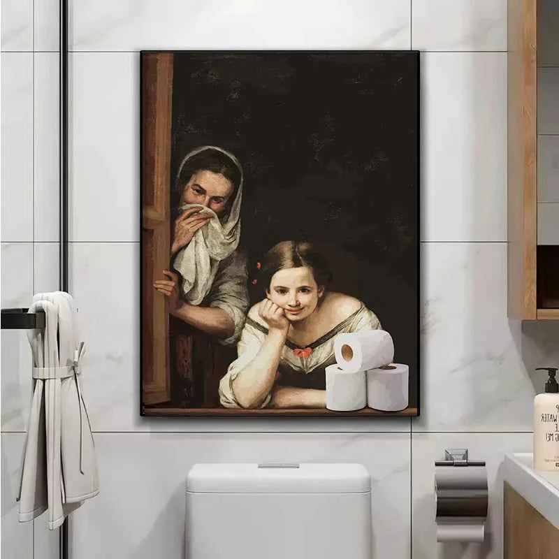 Funny Mona Lisa Bathroom Canvas – Quirky Wall Art with Pearls & Paper Roll - Muselune