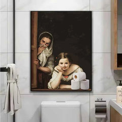Funny Mona Lisa Bathroom Canvas – Quirky Wall Art with Pearls & Paper Roll - Muselune