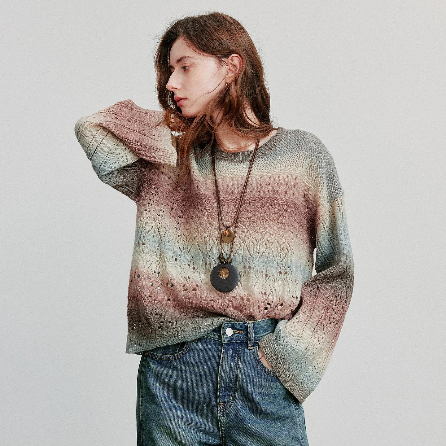 Round Neck Gradient Mohair Lightweight Woolen Knitted Tops Muselune