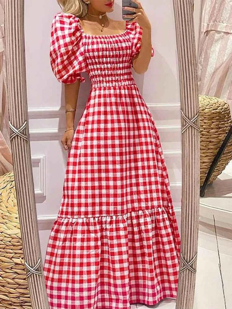 Vintage Plaid Sundress – Short Sleeve Boho Maxi - Muselune