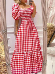 Vintage Plaid Sundress – Short Sleeve Boho Maxi - Muselune