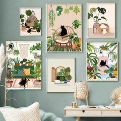 Black Cat & Green Plants Canvas – Abstract Boho Aesthetic Wall Art - Muselune