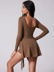 Sports Long Sleeve Backless Yoga Tennis Jumpsuit Dress Muselune