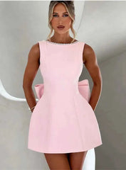 Elegant Pearl Bow Backless Mini short Dress - Muselune