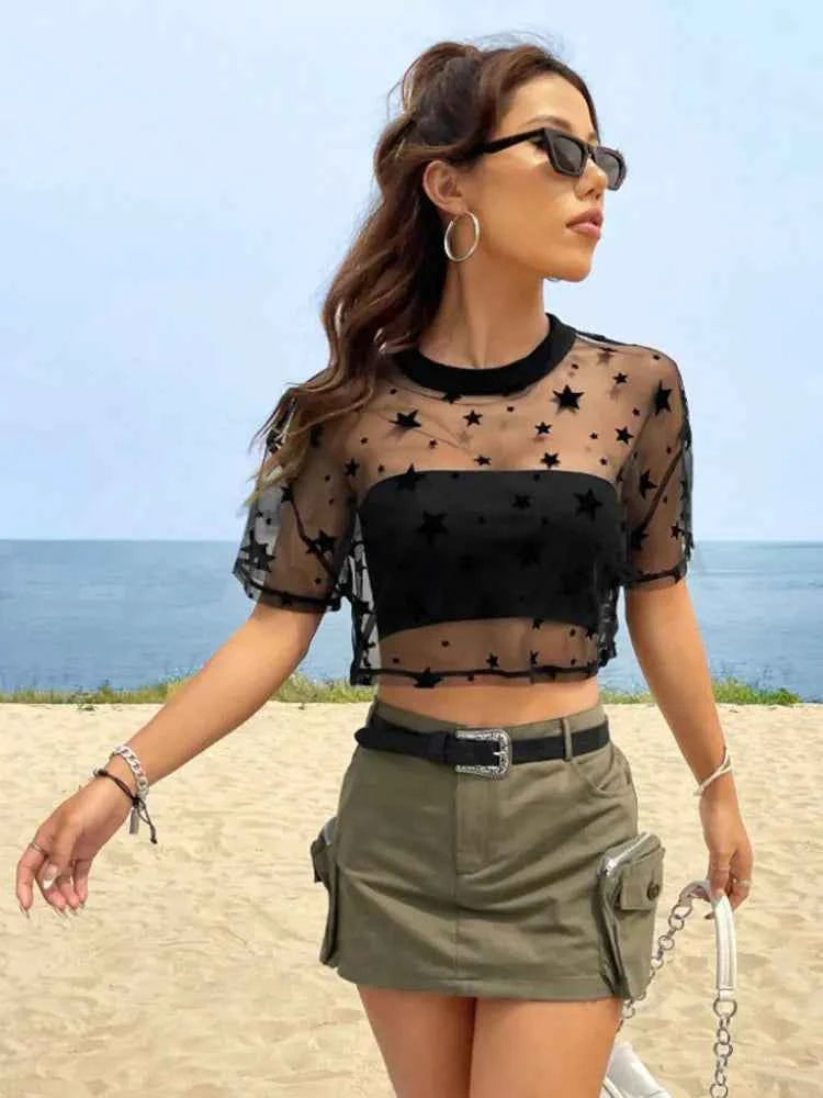 Star Print Mesh Crop Top – Drop Shoulder, Summer Style - Muselune